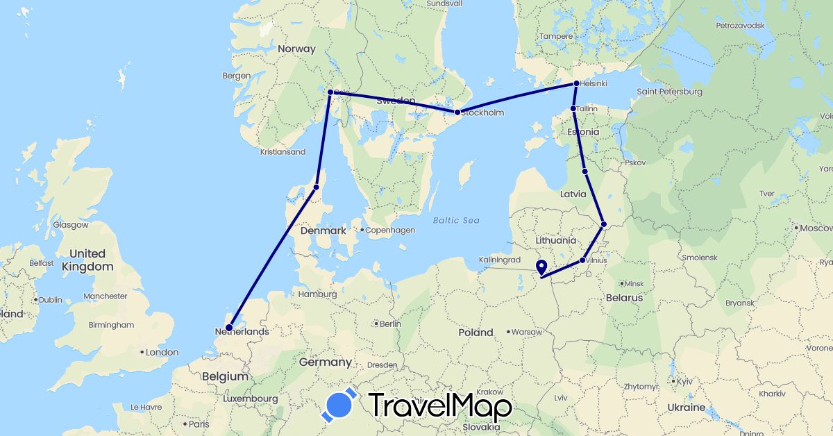 TravelMap itinerary: driving in Denmark, Estonia, Finland, Lithuania, Latvia, Netherlands, Norway, Poland, Sweden (Europe)
